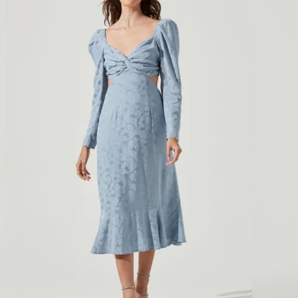 Astr Light Blue Long Sleeve Midi Dress with Twist Front